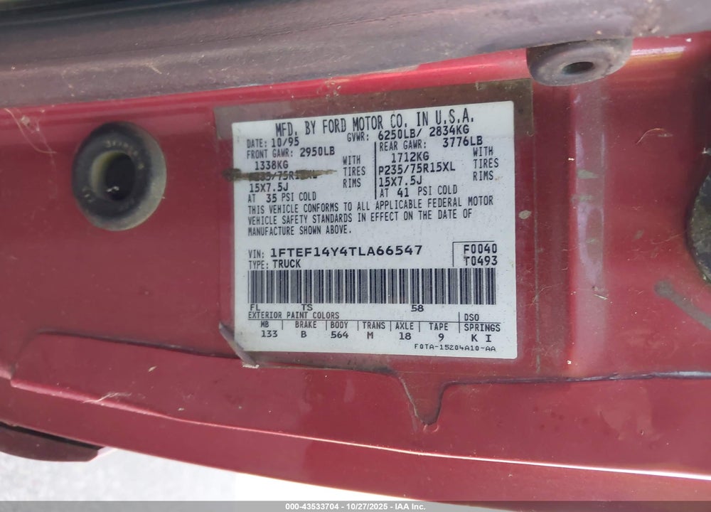 1996 FORD F150 VIN: 1FTEF14Y4TLA66547