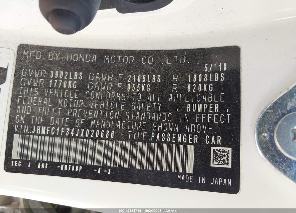 2018 HONDA CIVIC EX-T VIN: JHMFC1F34JX020686