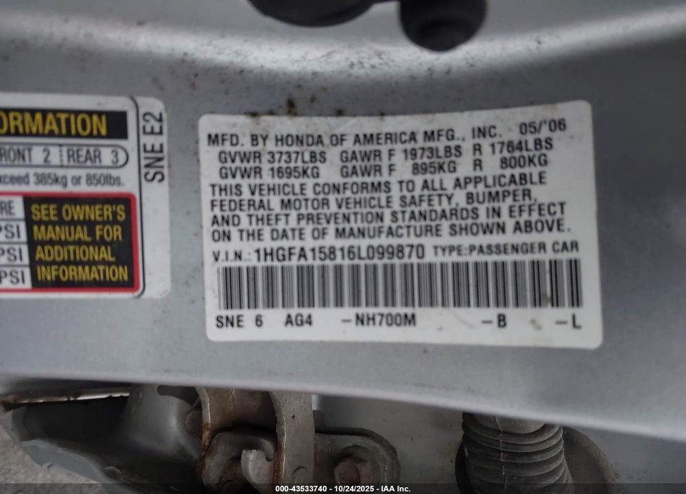 2006 HONDA CIVIC VIN: 1HGFA15816L099870