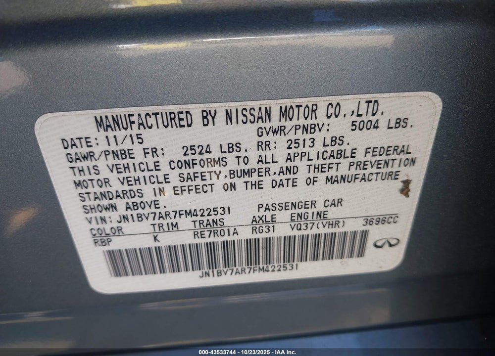 2015 INFINITI Q50 PREMIUM VIN: JN1BV7AR7FM422531