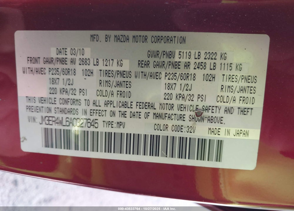 2010 MAZDA CX-7 VIN: JM3ER4WL6A0327645