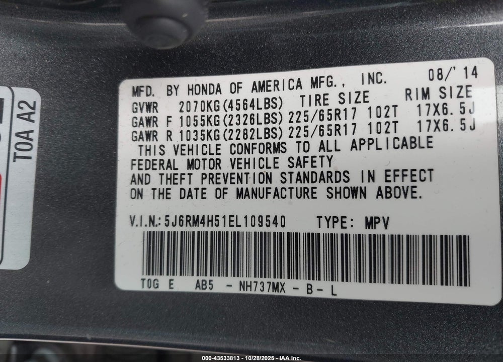 2014 HONDA CR-V EX VIN: 5J6RM4H51EL109540