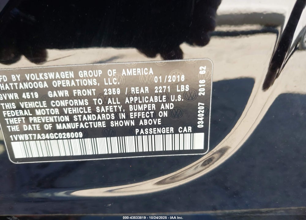 2016 VOLKSWAGEN PASSAT VIN: 1VWBT7A34GC026009