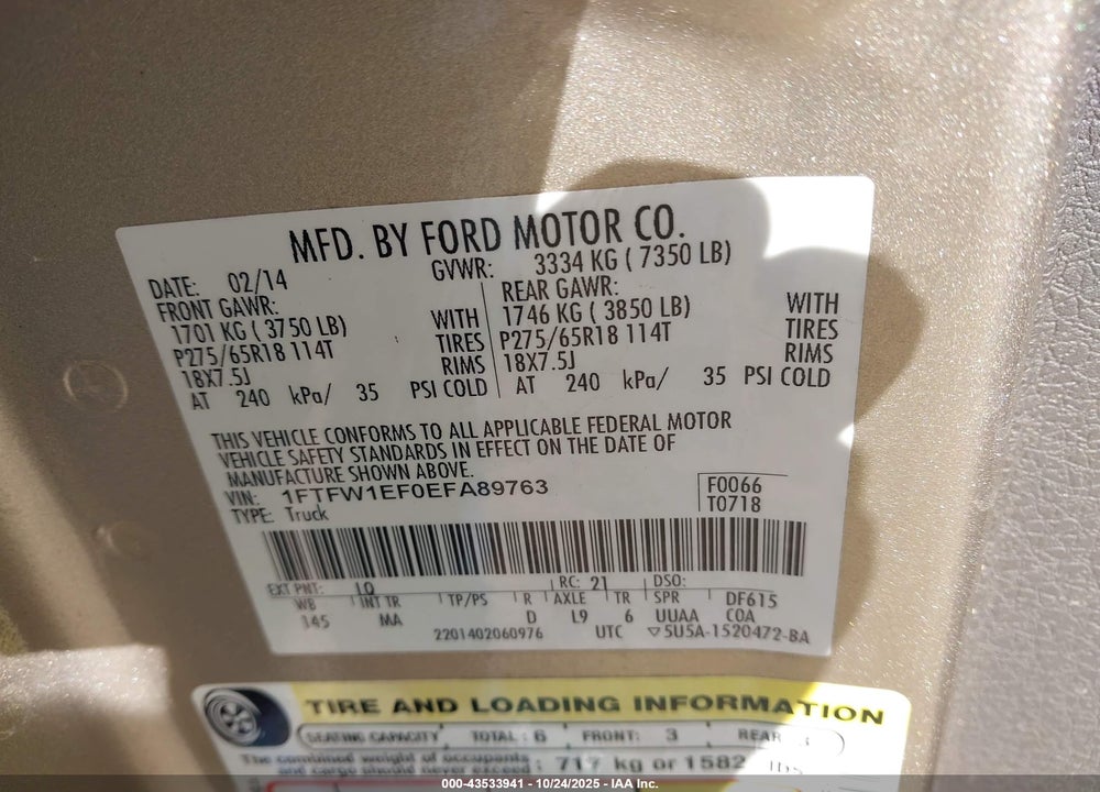 2014 FORD F-150 XLT VIN: 1FTFW1EF0EFA89763
