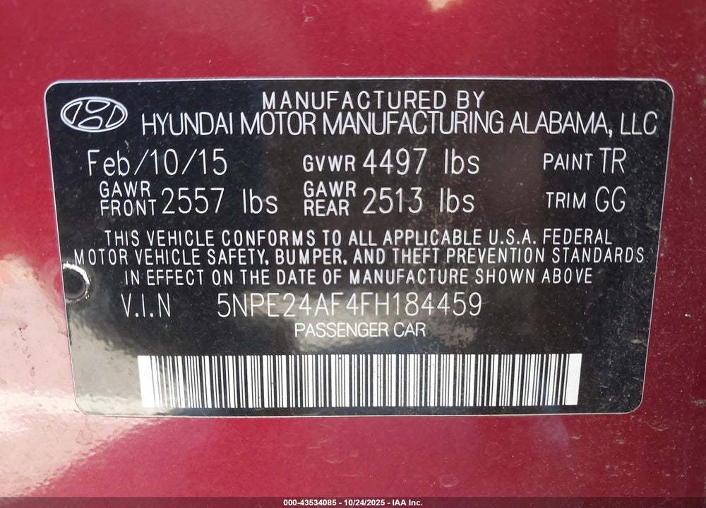 2015 HYUNDAI SONATA SE VIN: 5NPE24AF4FH184459