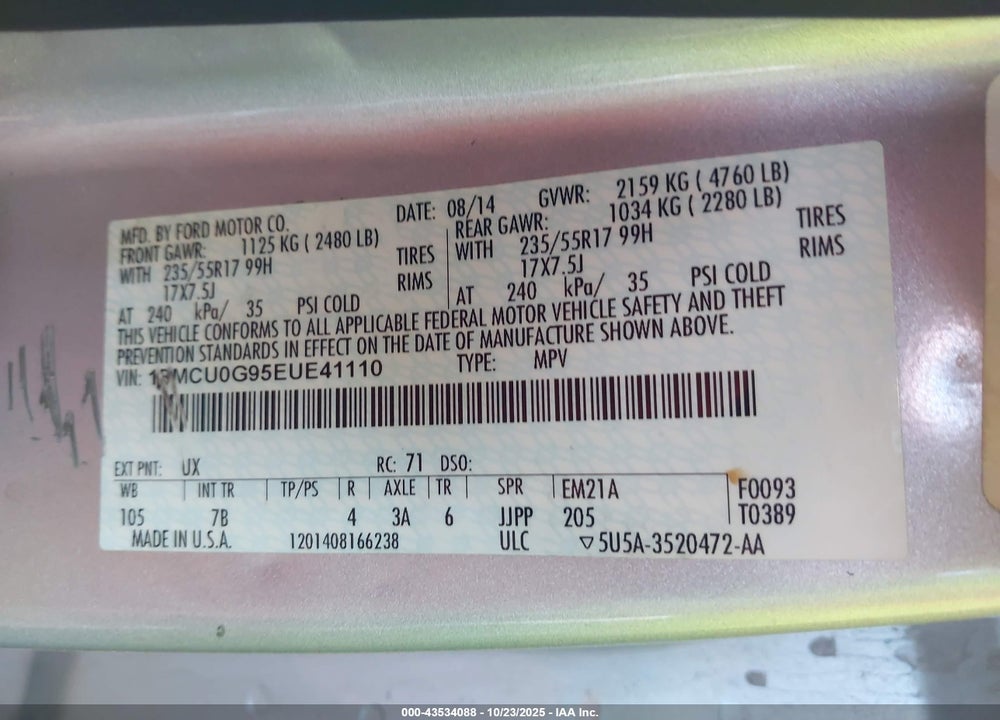 2014 FORD ESCAPE SE VIN: 1FMCU0G95EUE41110