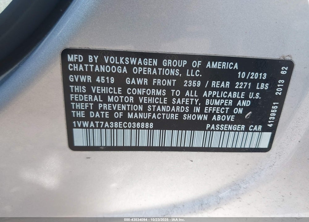 2014 VOLKSWAGEN PASSAT 1.8T S VIN: 1VWAT7A38EC036888