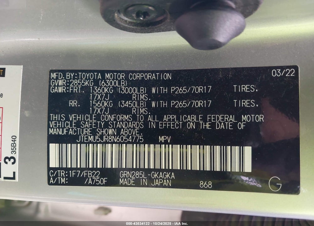 2022 TOYOTA 4RUNNER SR5 VIN: JTEMU5JR8N6054775