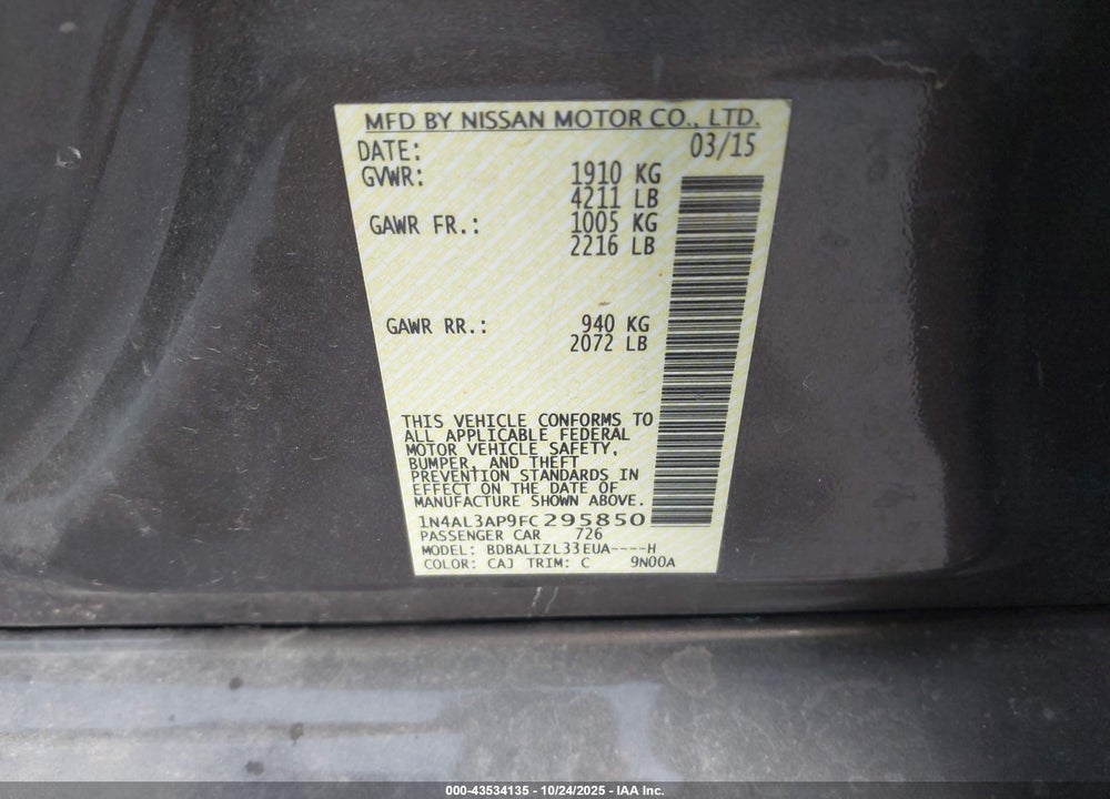 2015 NISSAN ALTIMA 2.5 SV VIN: 1N4AL3AP9FC295850