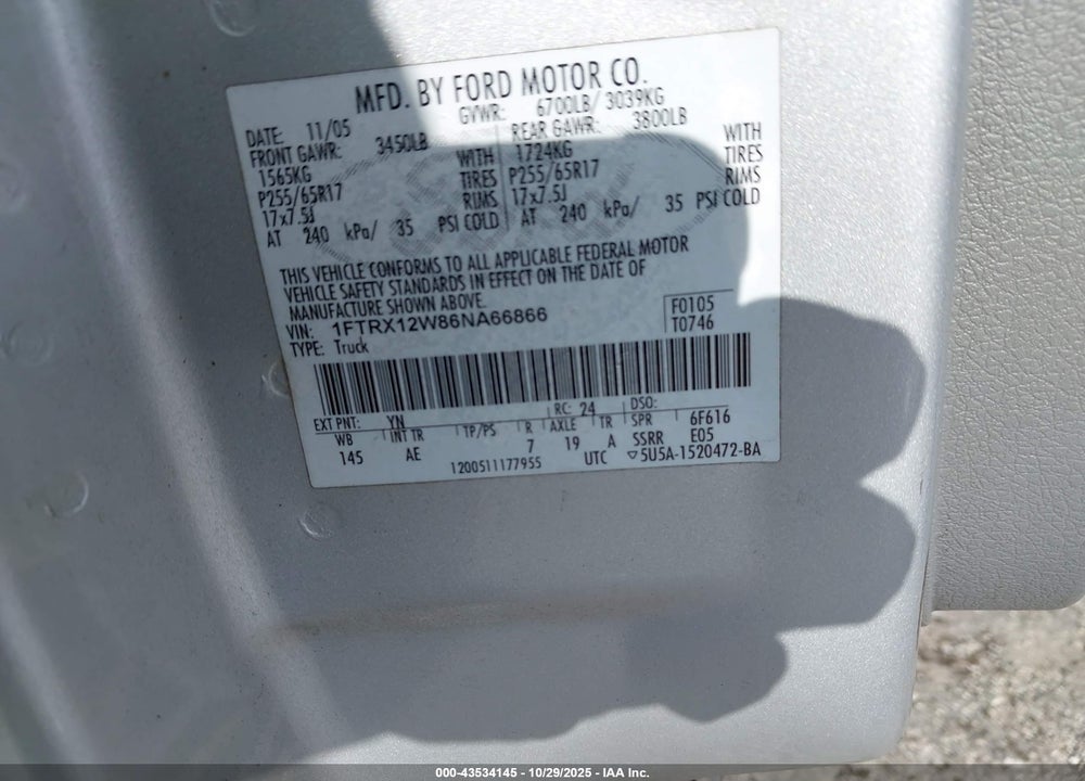 2006 FORD F-150 STX/XL/XLT VIN: 1FTRX12W86NA66866