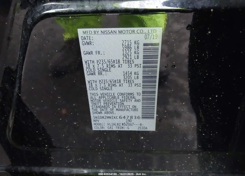2019 NISSAN PATHFINDER S VIN: 5N1DR2MN1KC647836