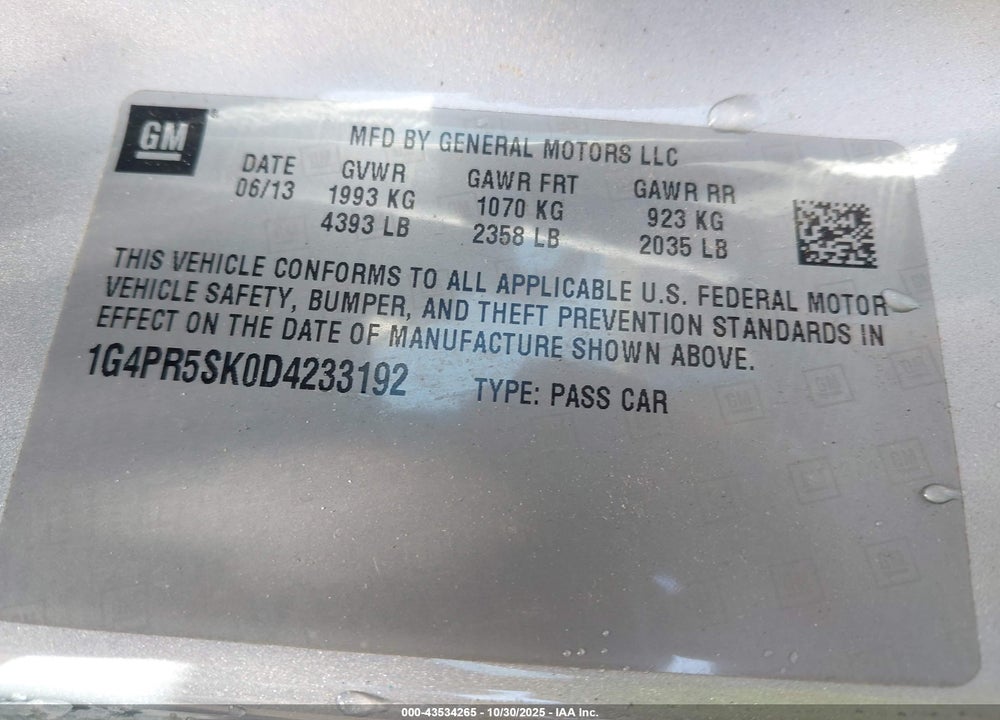 2013 BUICK VERANO CONVENIENCE GROUP VIN: 1G4PR5SK0D4233192