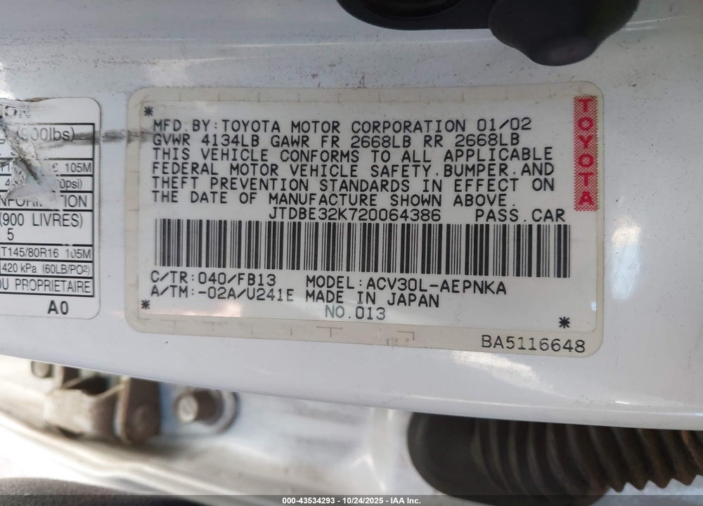 2002 TOYOTA CAMRY LE VIN: JTDBE32K720064386