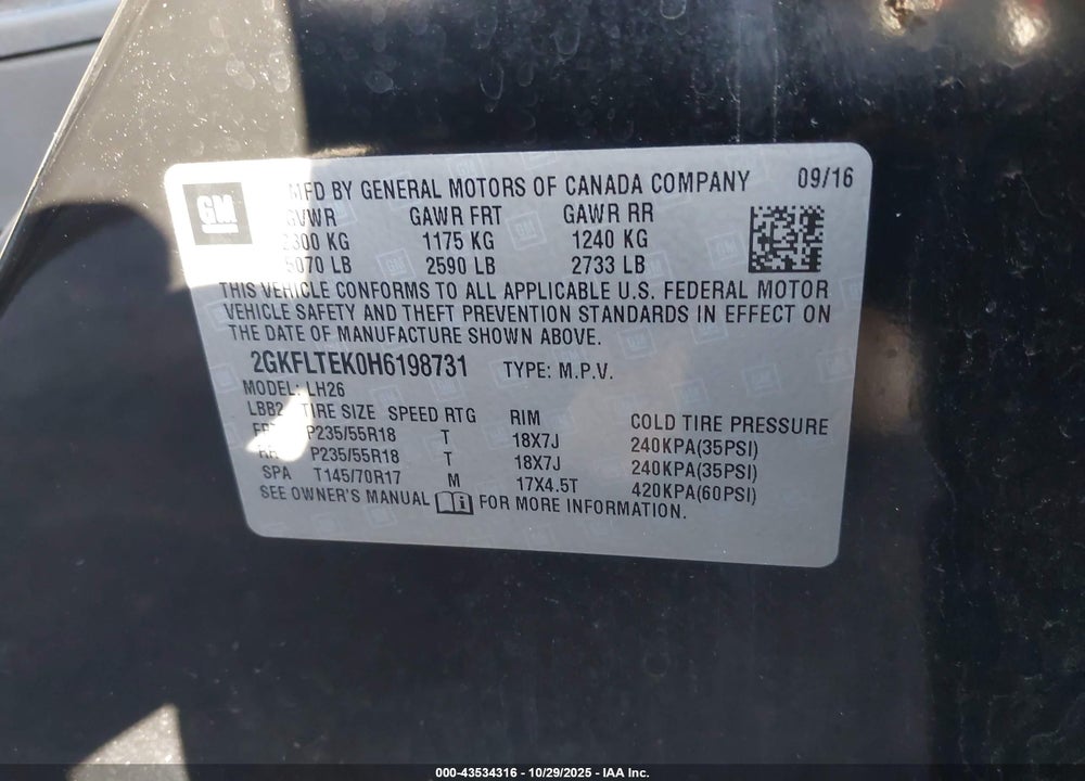 2017 GMC TERRAIN VIN: 2GKFLTEK0H6198731