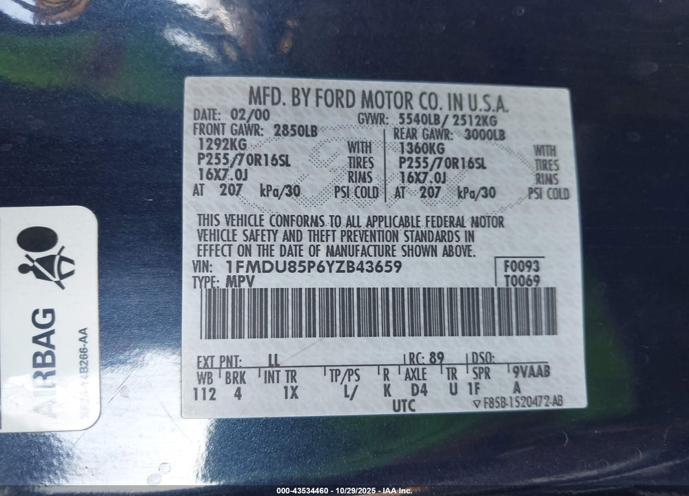 2000 FORD EXPLORER LIMITED VIN: 1FMDU85P6YZB43659