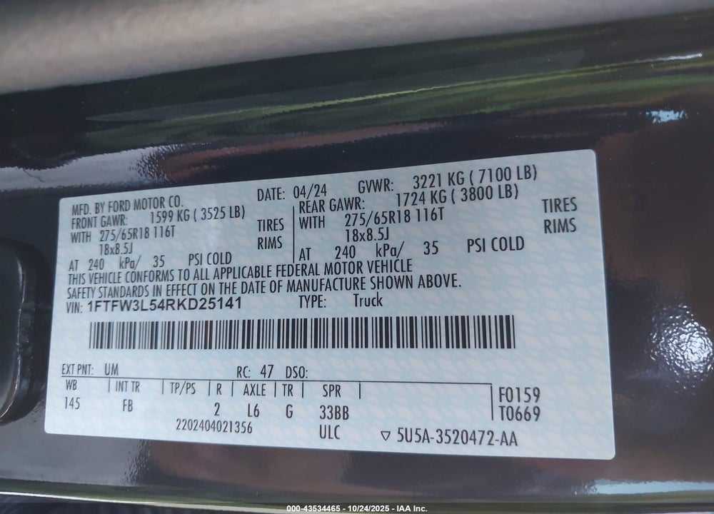 2024 FORD F-150 VIN: 1FTFW3L54RKD25141