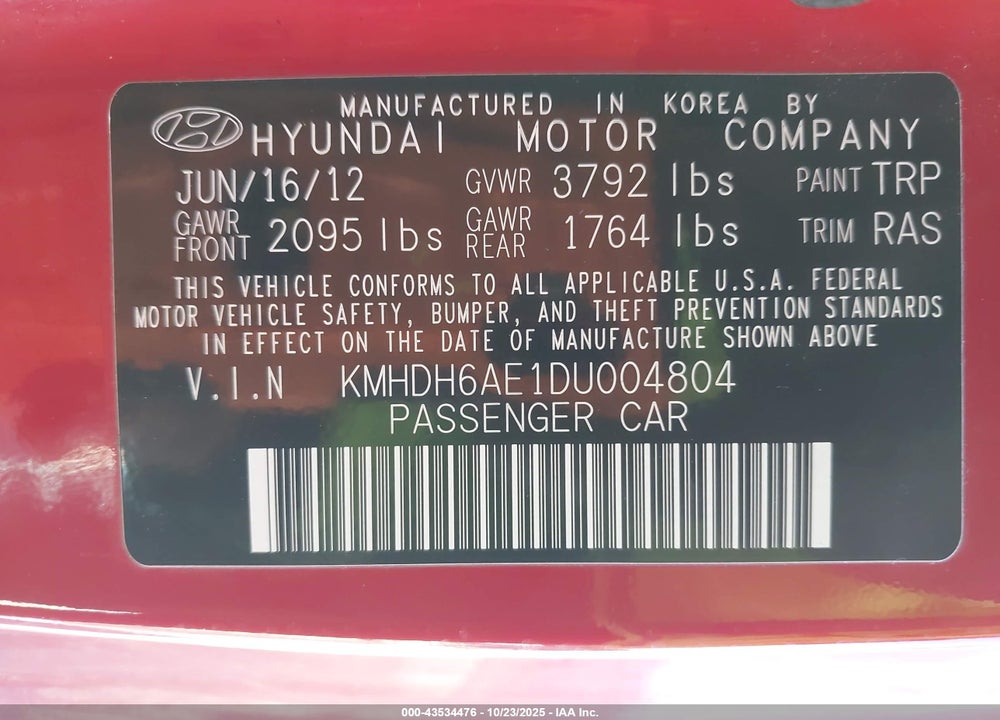 2013 HYUNDAI ELANTRA VIN: KMHDH6AE1DU004804