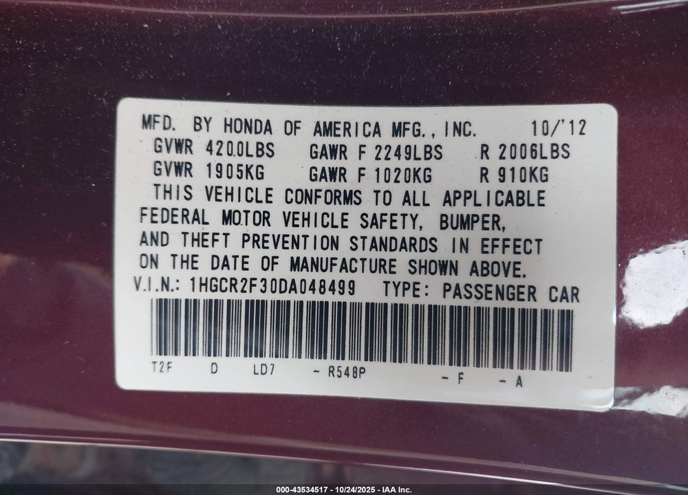 2013 HONDA ACCORD LX VIN: 1HGCR2F30DA048499