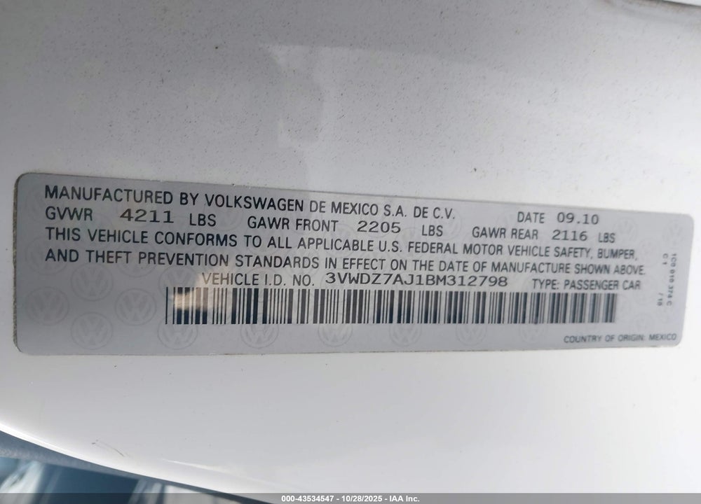 2011 VOLKSWAGEN JETTA VIN: 3VWDZ7AJ1BM312798