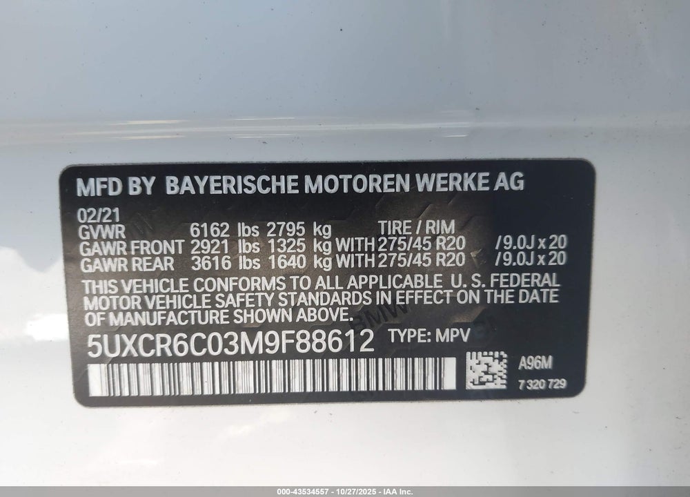 2021 BMW X5 XDRIVE40I VIN: 5UXCR6C03M9F88612