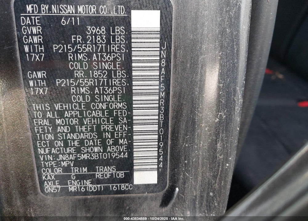 2011 NISSAN JUKE SV VIN: JN8AF5MR3BT019544