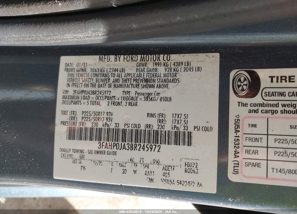 2011 FORD FUSION VIN: 3FAHP0JA3BR245972
