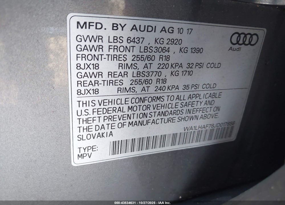 2018 AUDI Q7 2.0T PREMIUM VIN: WA1LHAF78JD017858