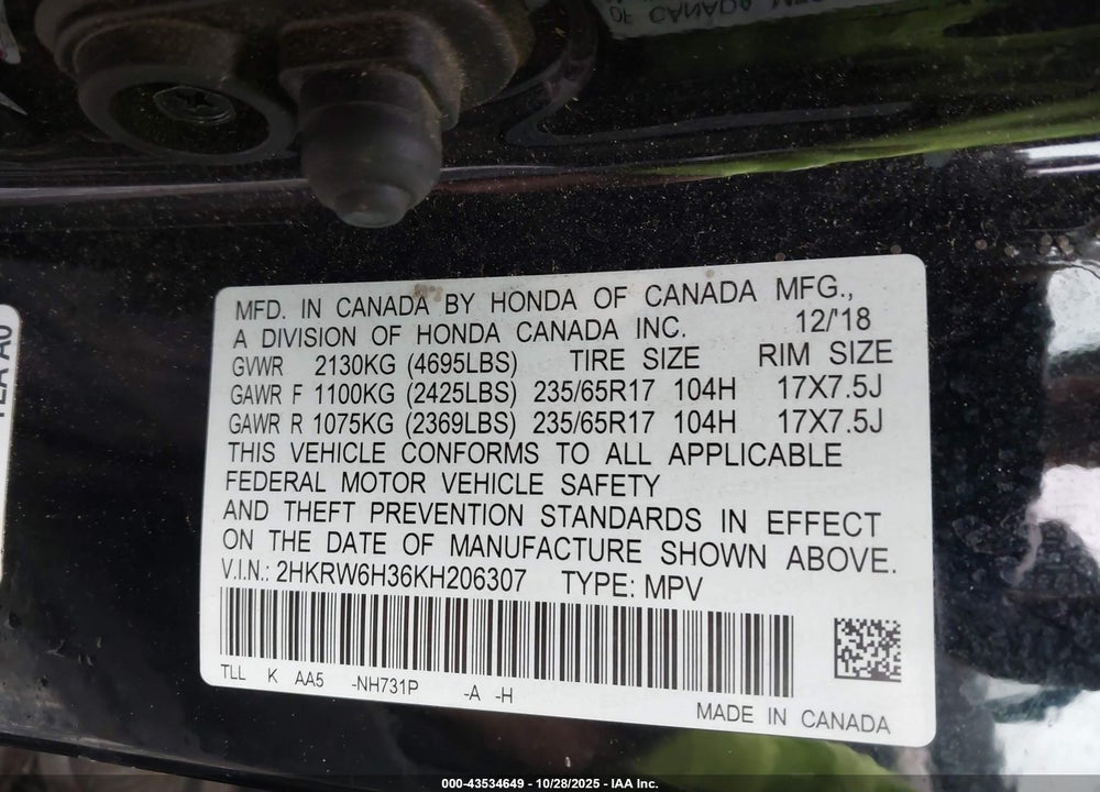 2019 HONDA CR-V LX VIN: 2HKRW6H36KH206307