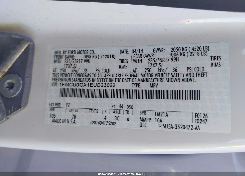 2014 FORD ESCAPE SE VIN: 1FMCU0GX1EUD23022