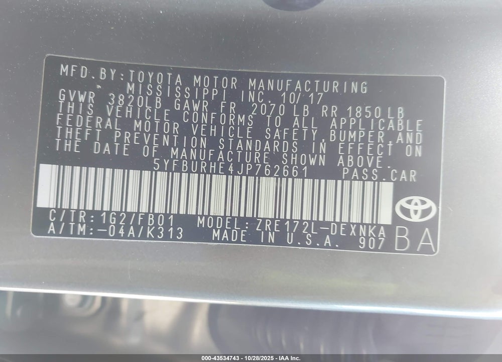 2018 TOYOTA COROLLA VIN: 5YFBURHE4JP762661