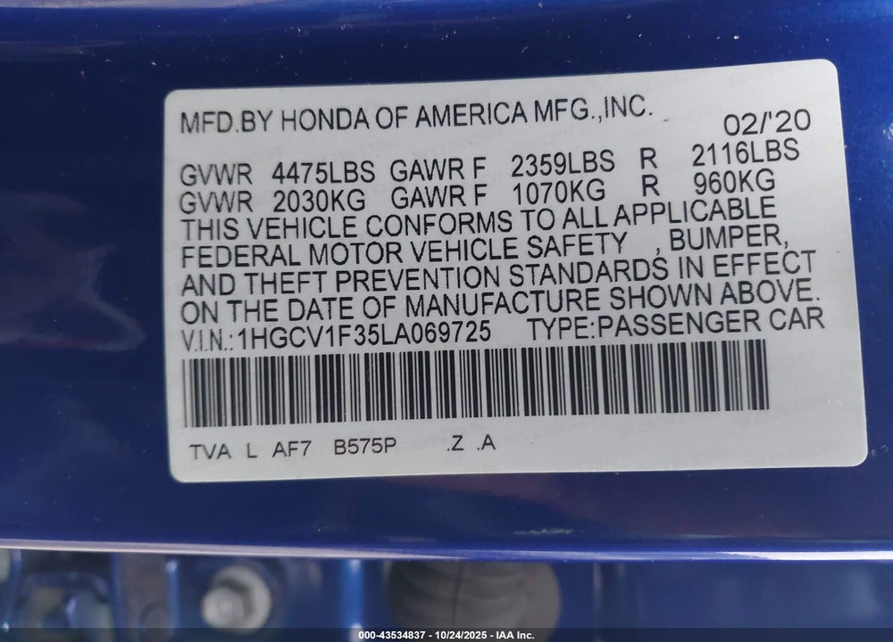 2020 HONDA ACCORD SPORT VIN: 1HGCV1F35LA069725