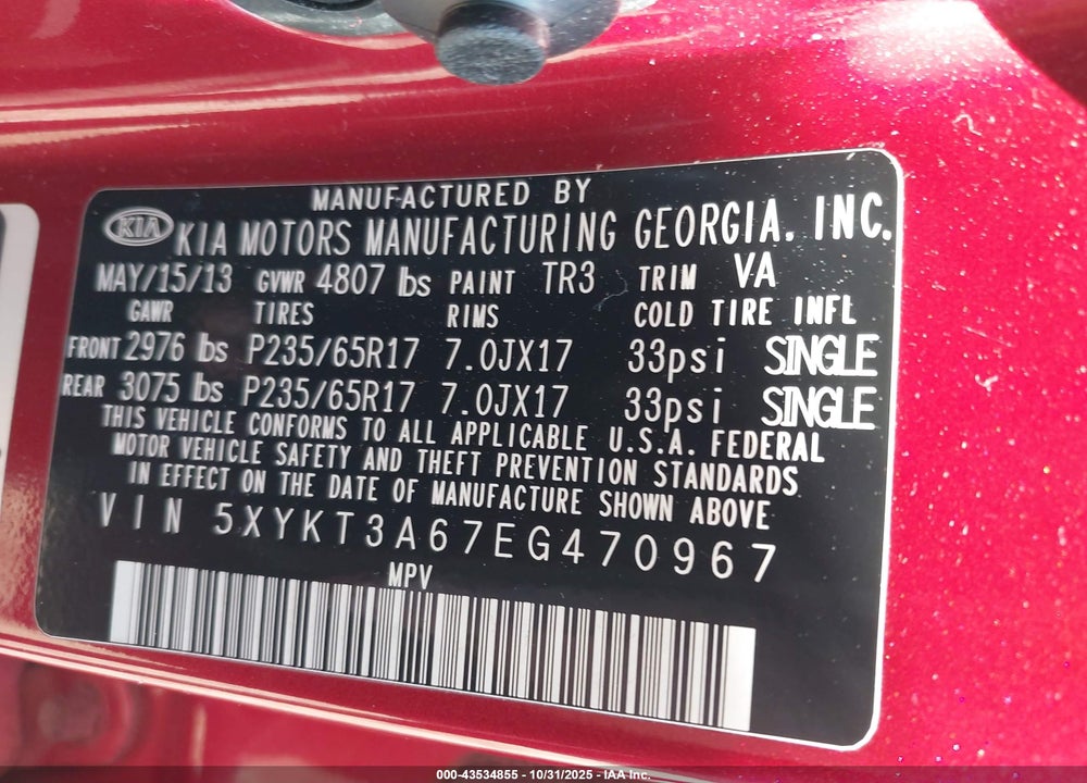2014 KIA SORENTO VIN: 5XYKT3A67EG470967