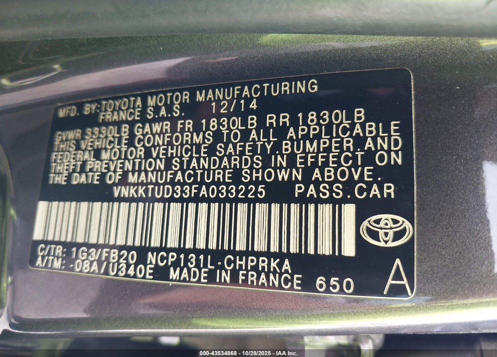 2015 TOYOTA YARIS LE VIN: VNKKTUD33FA033225