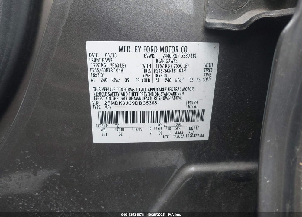 2013 FORD EDGE VIN: 2FMDK3JC9DBC53081