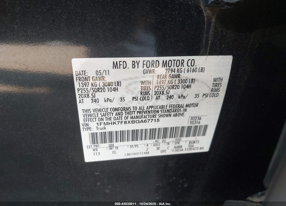 2011 FORD EXPLORER VIN: 1FMHK7F8XBGA67715