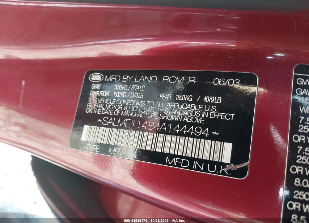 2004 LAND ROVER RANGE ROVER VIN: SALME11484A144494