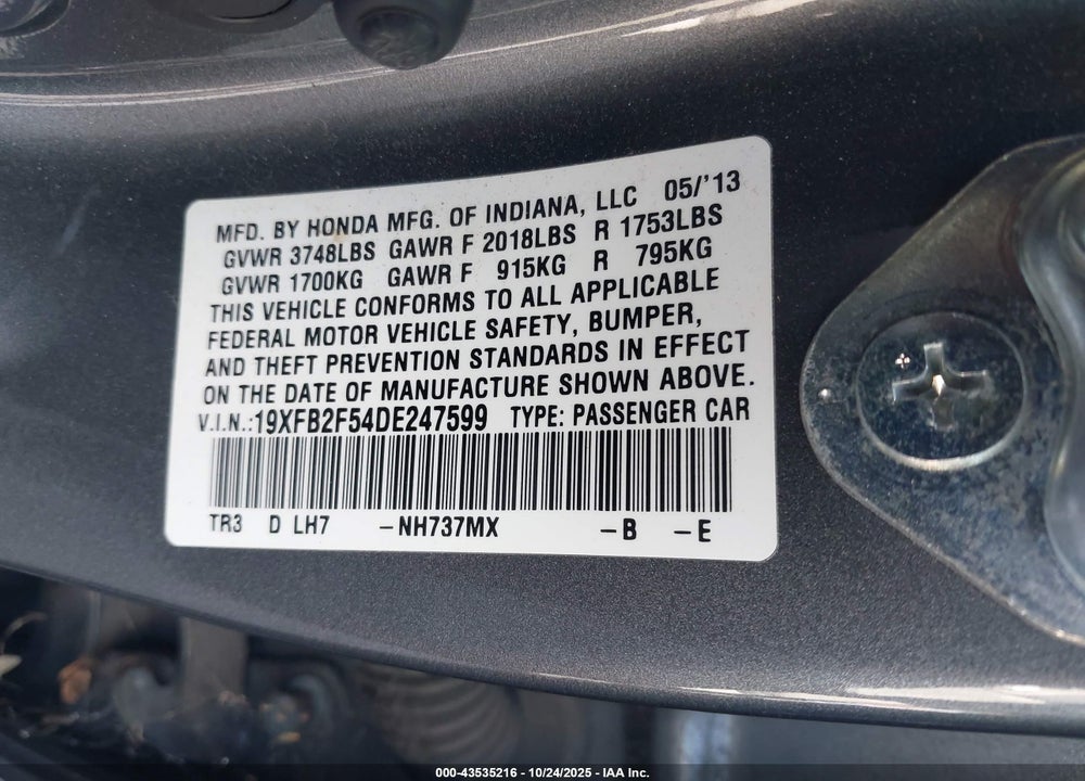 2013 HONDA CIVIC LX VIN: 19XFB2F54DE247599