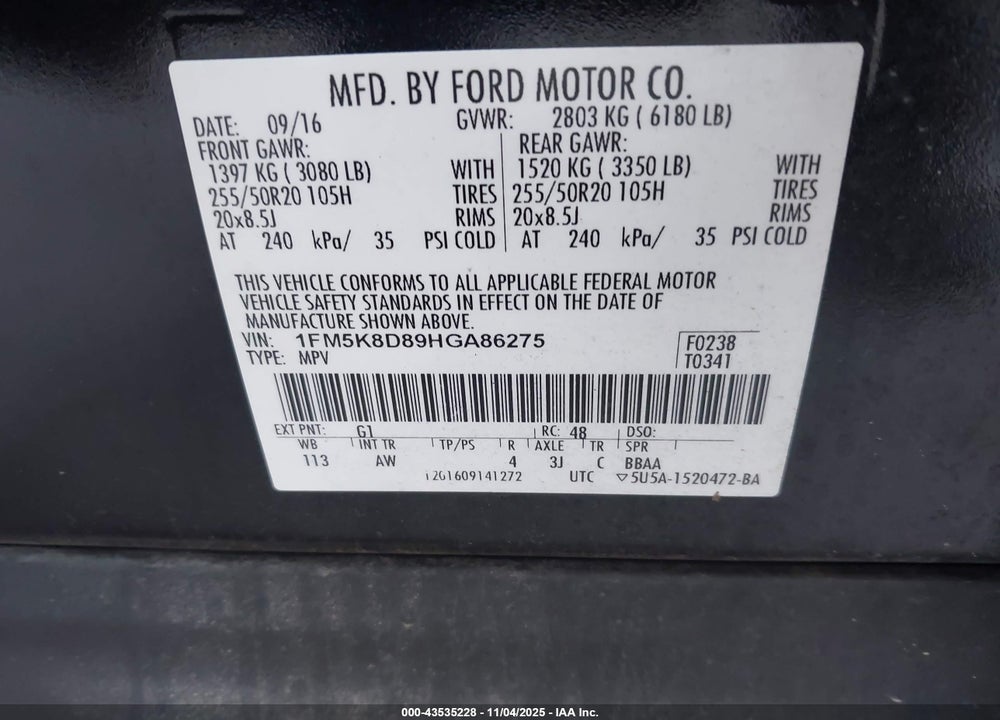2017 FORD EXPLORER VIN: 1FM5K8D89HGA86275