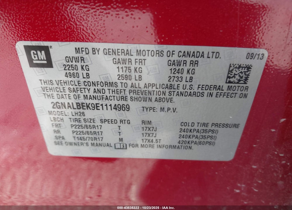 2014 CHEVROLET EQUINOX 1LT VIN: 2GNALBEK9E1114969