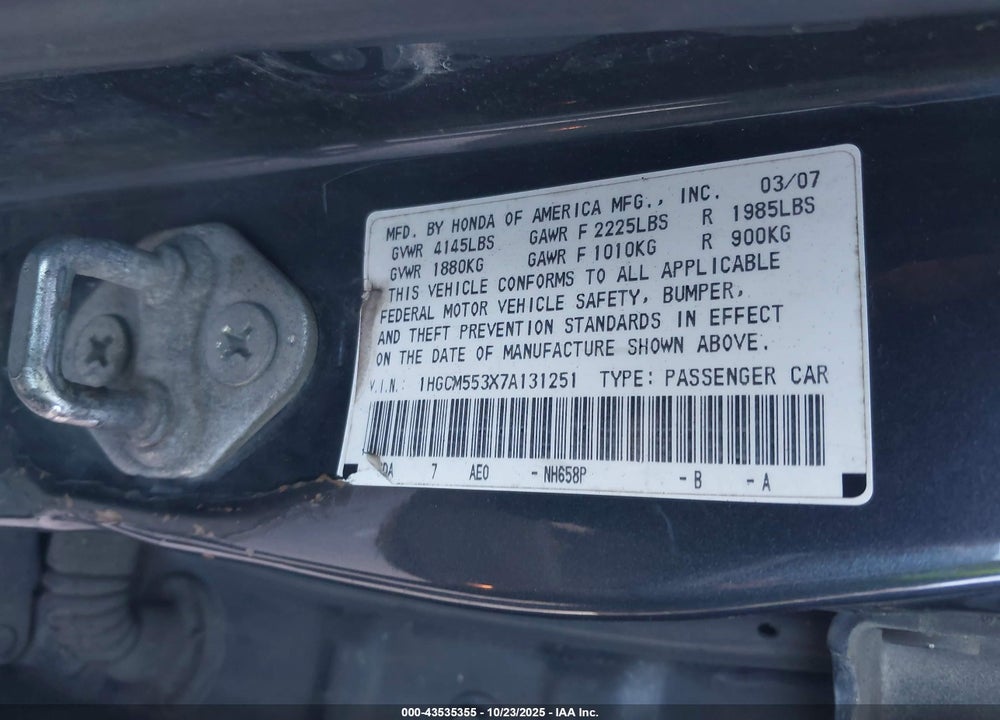 2007 HONDA ACCORD 2.4 SE VIN: 1HGCM553X7A131251
