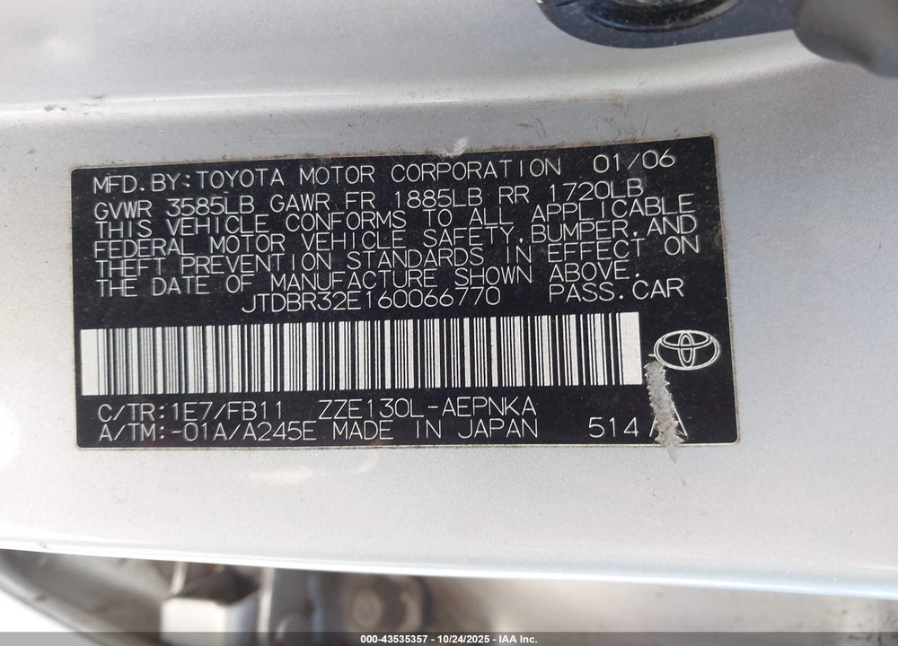2006 TOYOTA COROLLA VIN: JTDBR32E160066770