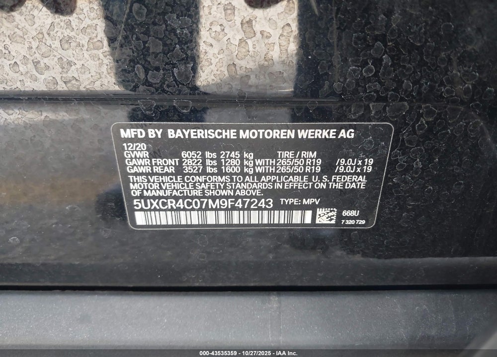 2021 BMW X5 SDRIVE40I VIN: 5UXCR4C07M9F47243