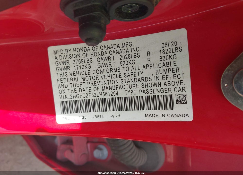 2020 HONDA CIVIC VIN: 2HGFC2F82LH561294