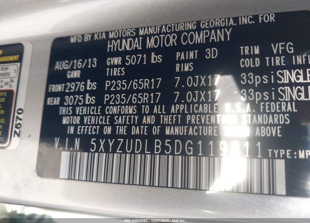 2013 HYUNDAI SANTA FE SPORT VIN: 5XYZUDLB5DG119811