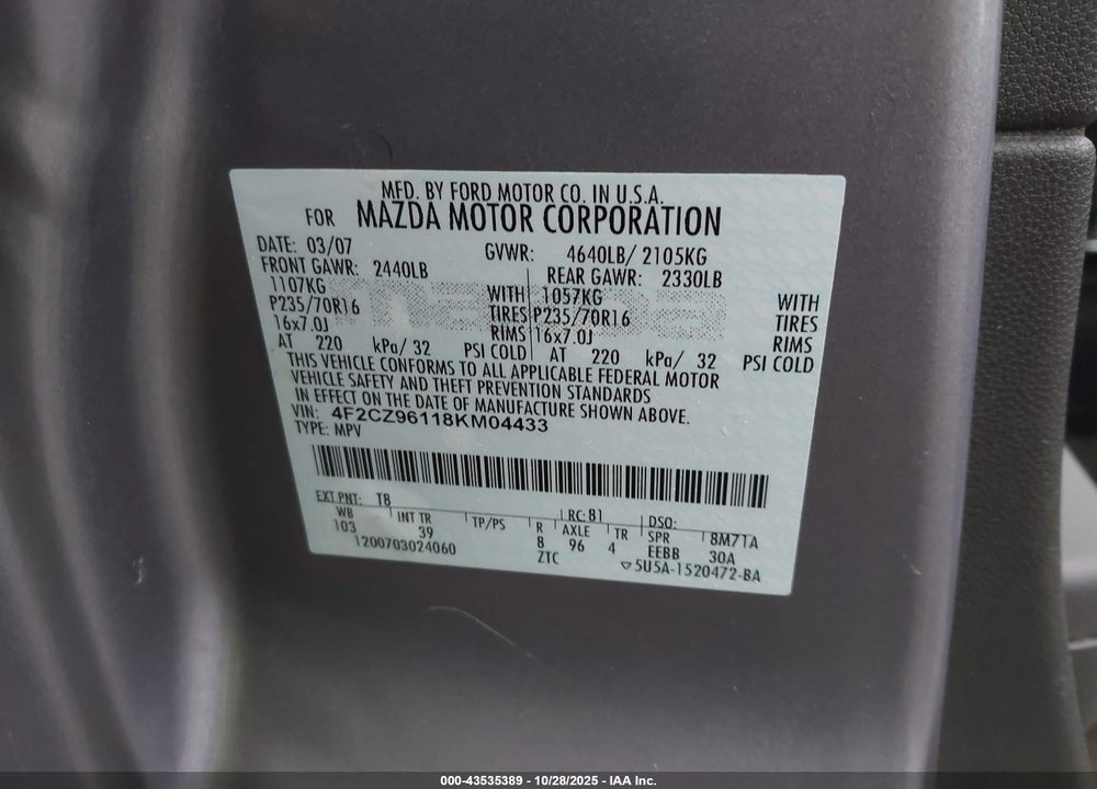 2008 MAZDA TRIBUTE VIN: 4F2CZ96118KM04433