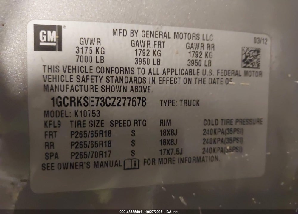 2012 CHEVROLET SILVERADO 1500 LT VIN: 1GCRKSE73CZ277678