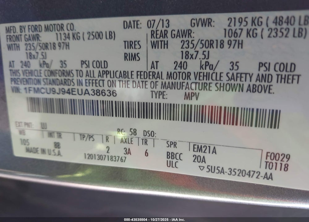 2014 FORD ESCAPE TITANIUM VIN: 1FMCU9J94EUA38636
