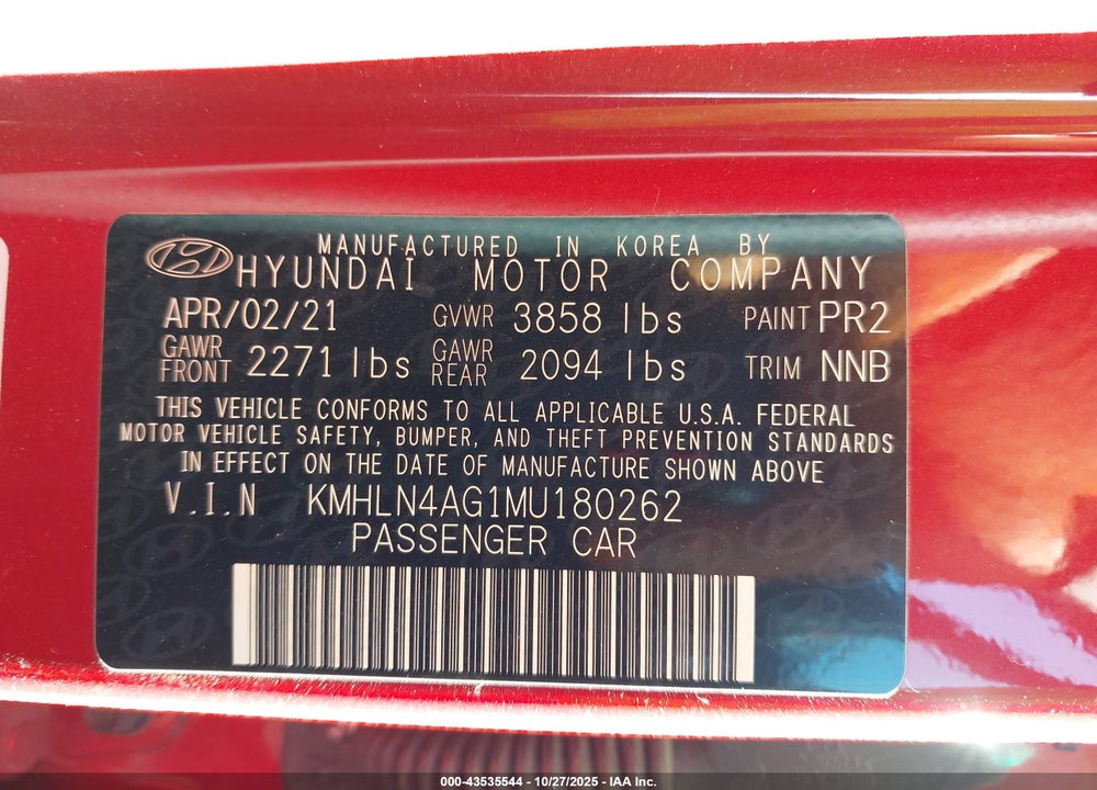 2021 HYUNDAI ELANTRA SEL VIN: KMHLN4AG1MU180262