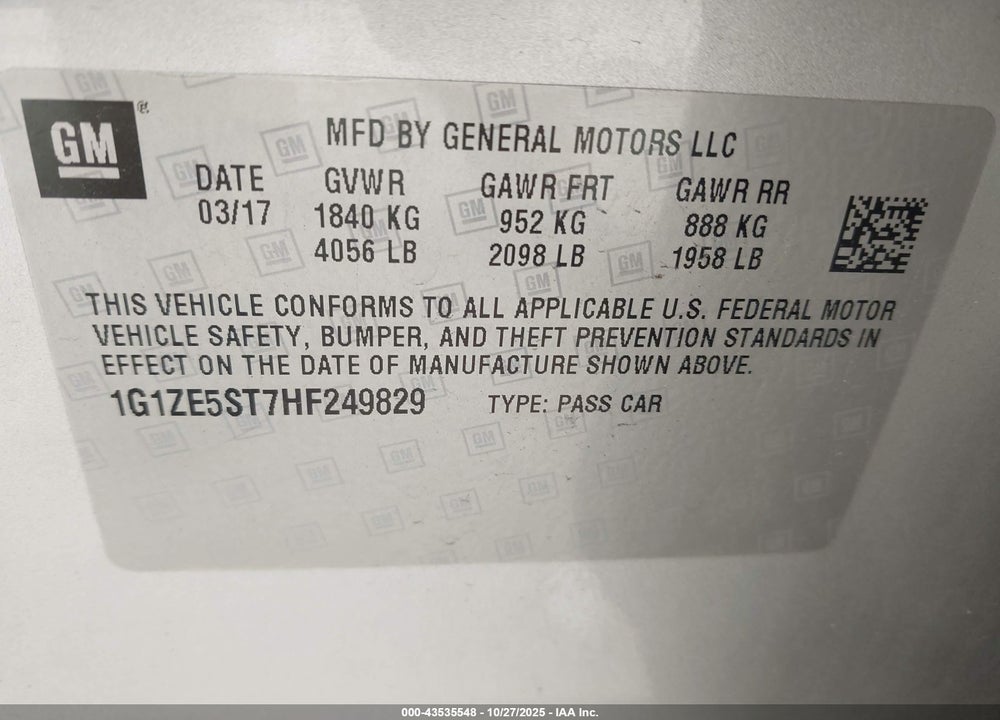 2017 CHEVROLET MALIBU 1LT VIN: 1G1ZE5ST7HF249829
