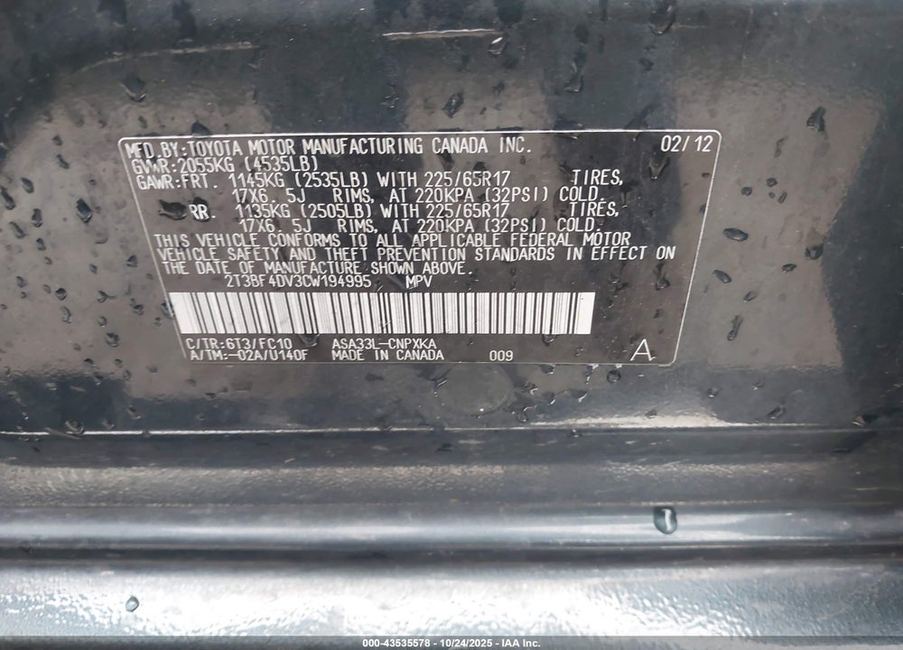 2012 TOYOTA RAV4 VIN: 2T3BF4DV3CW194995